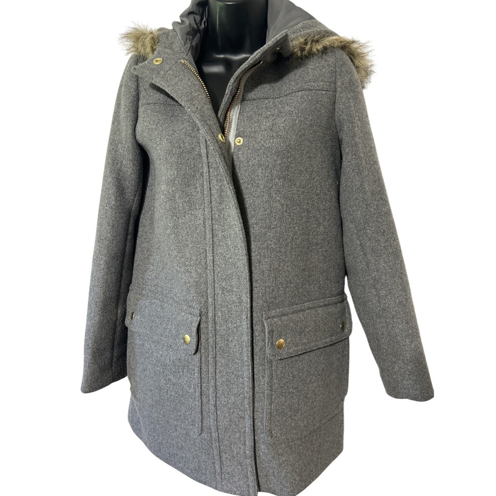 J.Crew Mercantile Women 00 Gray Wool Blend Lodge Parka Faux Fur Hood Coat J2847